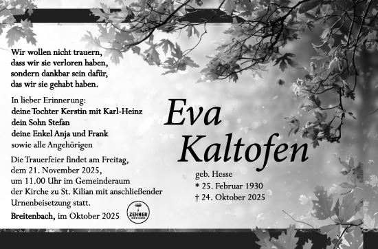 Traueranzeige von Eva Kaltofen von Südthüringer Presse