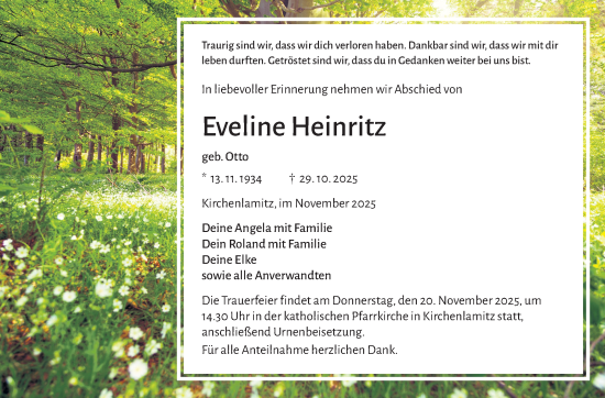 Traueranzeige von Eveline Heinritz von Frankenpost