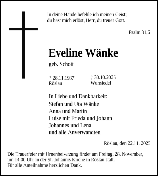 Traueranzeige von Eveline Wänke von Frankenpost