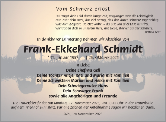 Traueranzeige von Frank-Ekkehard Schmidt von Südthüringer Presse