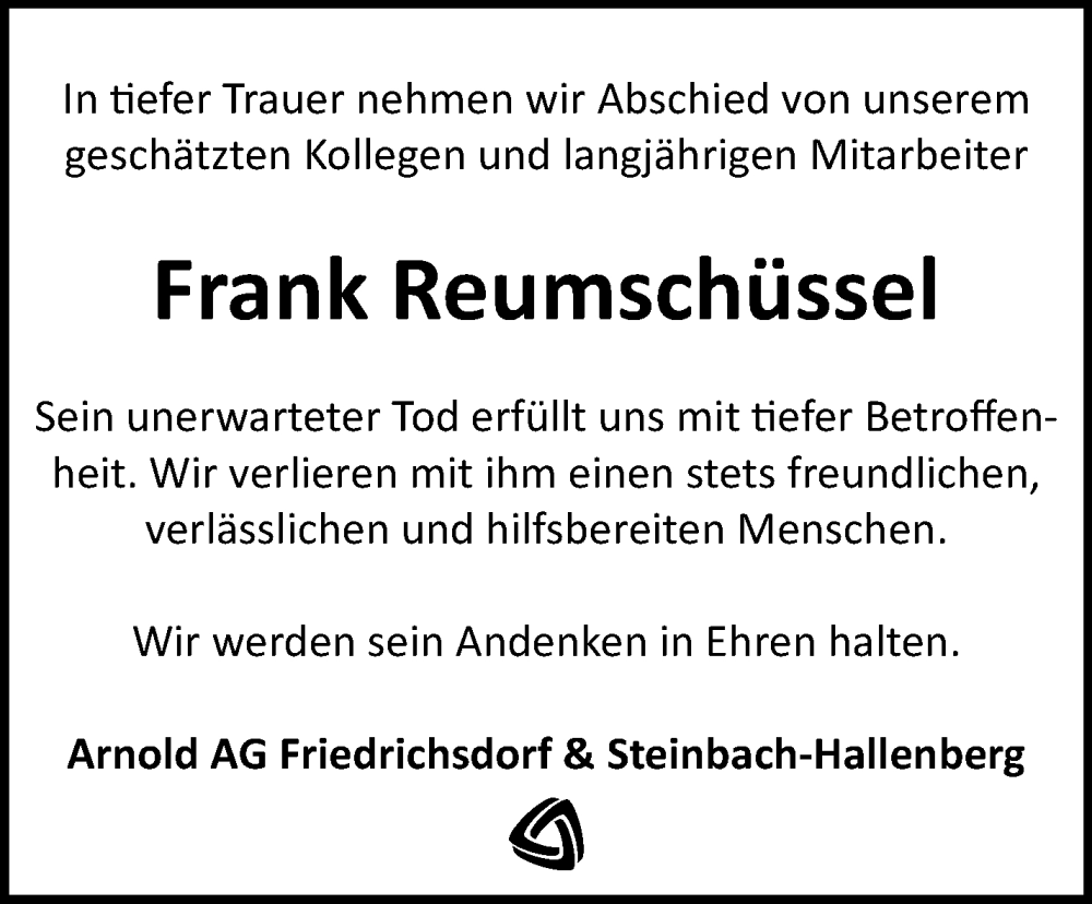  Traueranzeige für Frank Reumschüssel vom 08.11.2025 aus Südthüringer Presse