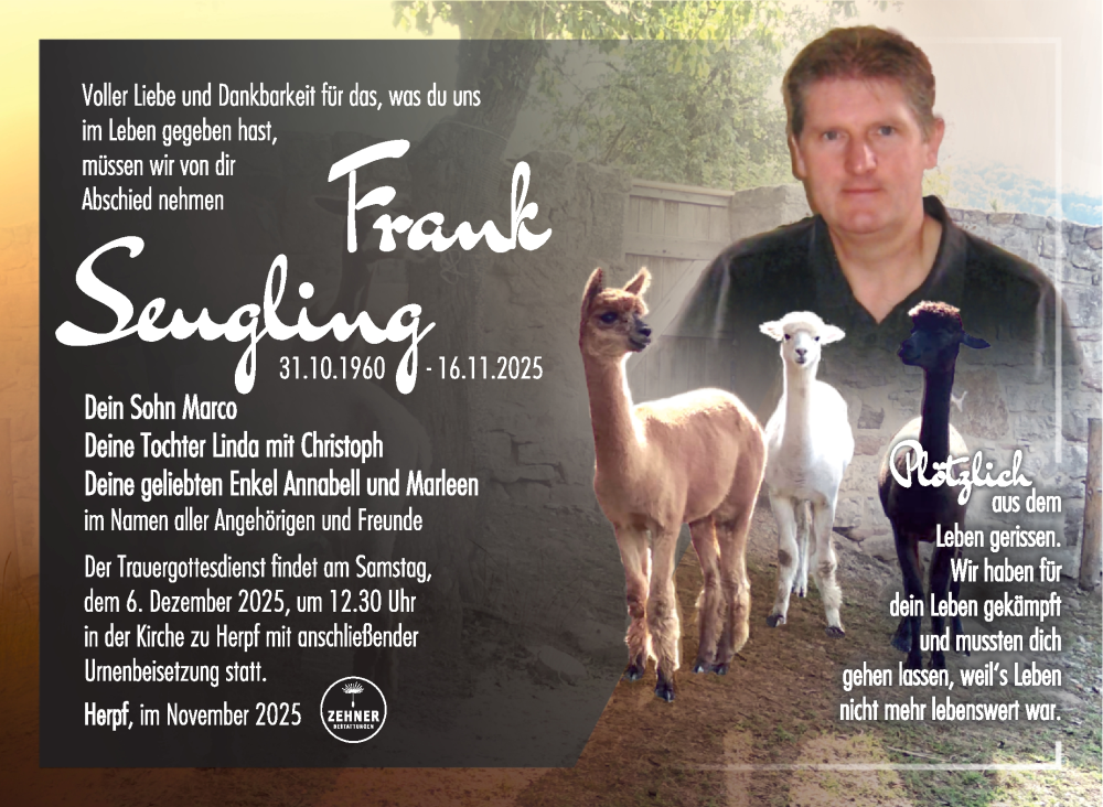  Traueranzeige für Frank Seugling vom 29.11.2025 aus Südthüringer Presse