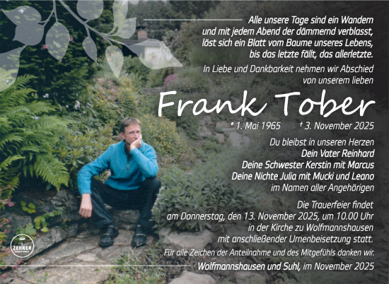 Traueranzeige von Frank Tober von Südthüringer Presse