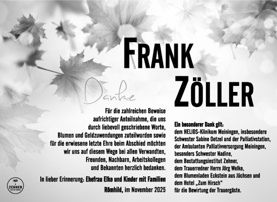 Traueranzeige von Frank Zöller von Südthüringer Presse