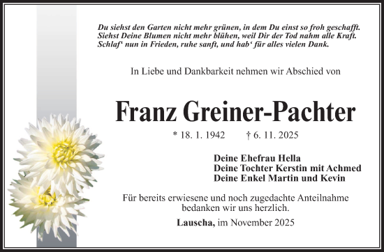 Traueranzeige von Franz Greiner-Pachter von Südthüringer Presse