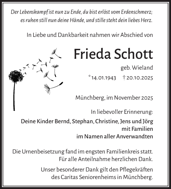 Traueranzeige von Frieda Schott von Frankenpost