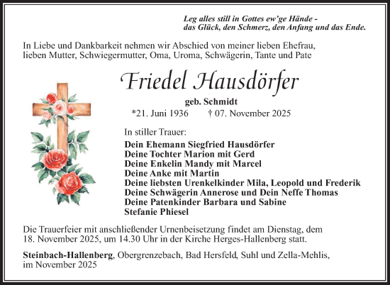 Traueranzeige von Friedel Hausdörfer von Südthüringer Presse