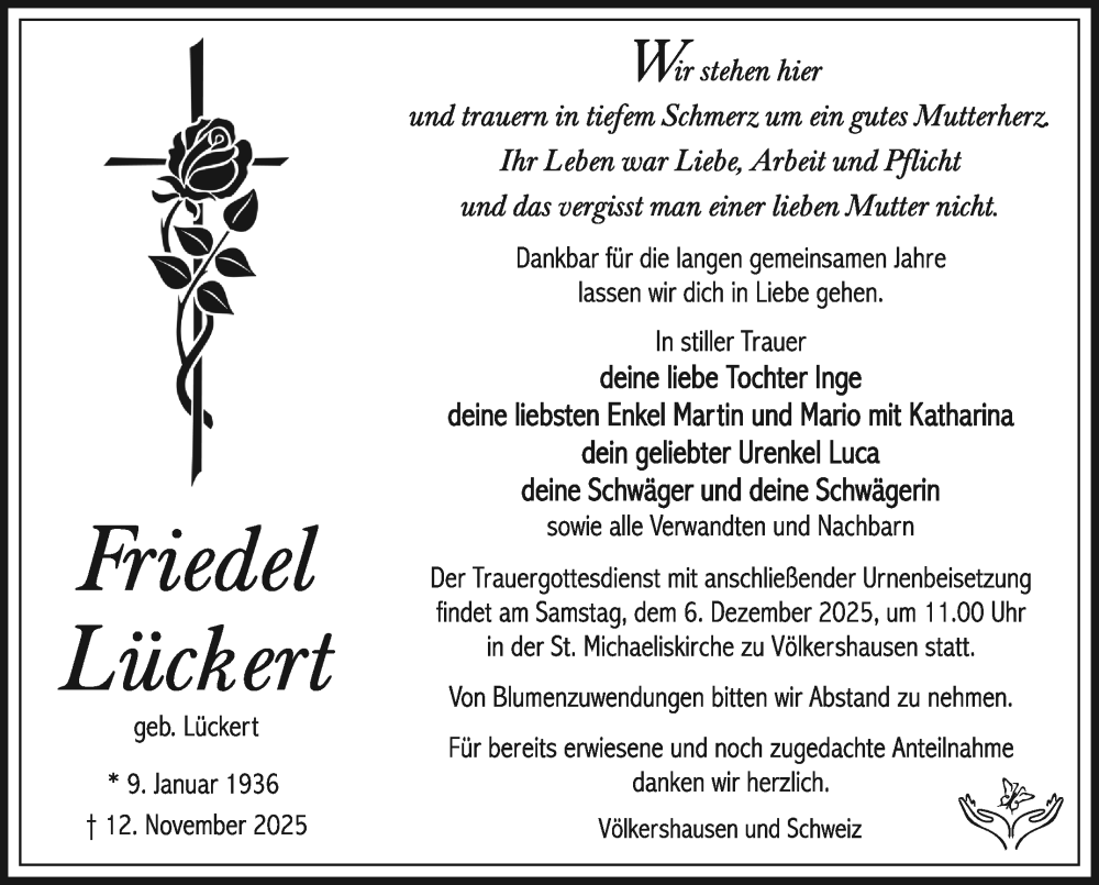  Traueranzeige für Friedel Lückert vom 29.11.2025 aus Südthüringer Presse
