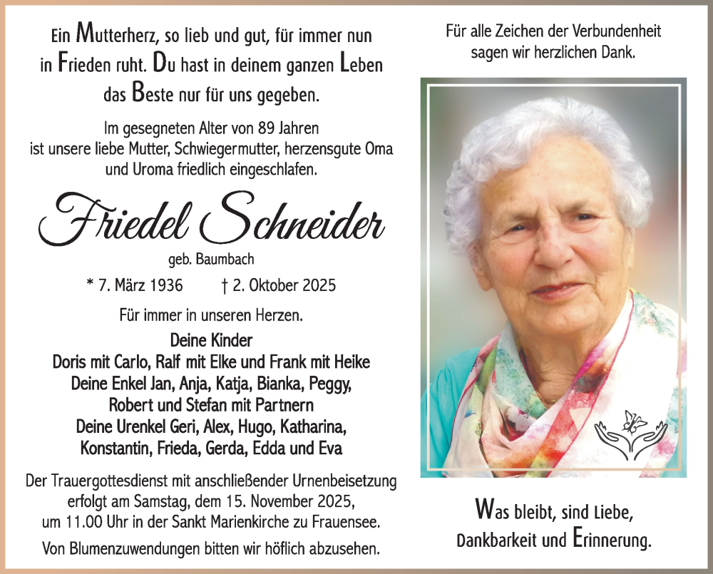  Traueranzeige für Friedel Schneider vom 08.11.2025 aus Südthüringer Presse