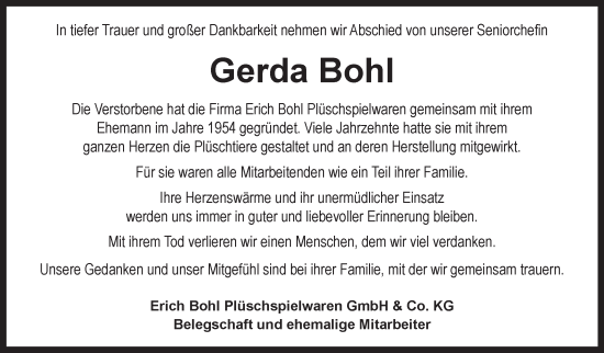 Traueranzeige von Gerda Bohl von Neue Presse Coburg