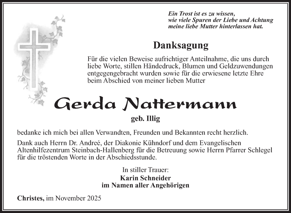  Traueranzeige für Gerda Nattermann vom 29.11.2025 aus Südthüringer Presse