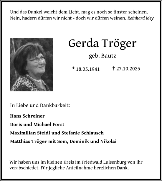 Traueranzeige von Gerda Tröger von Frankenpost