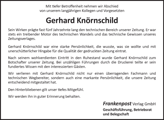 Traueranzeige von Gerhard Knörnschild von Frankenpost