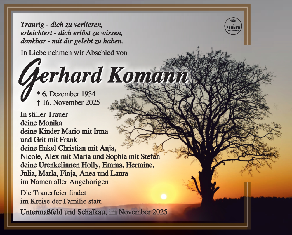  Traueranzeige für Gerhard Komann vom 29.11.2025 aus Südthüringer Presse