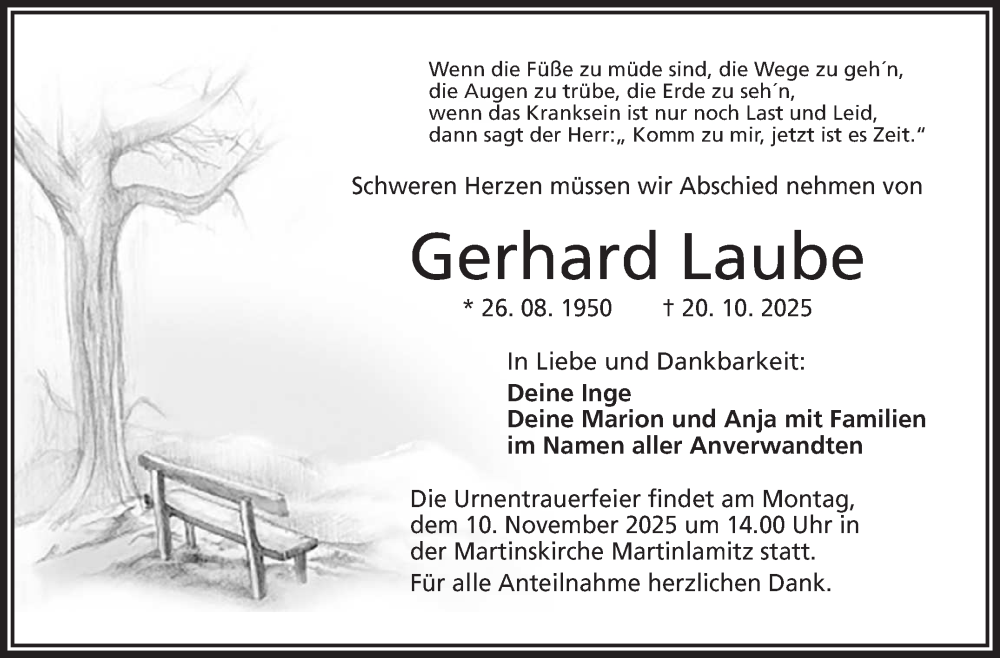  Traueranzeige für Gerhard Laube vom 05.11.2025 aus Frankenpost