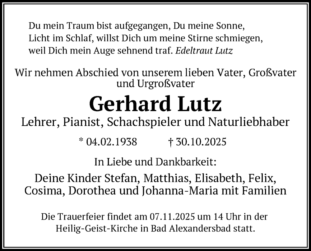  Traueranzeige für Gerhard Lutz vom 04.11.2025 aus Frankenpost