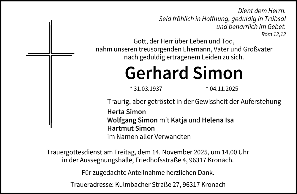  Traueranzeige für Gerhard Simon vom 08.11.2025 aus Neue Presse Coburg