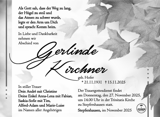 Traueranzeige von Gerlinde Kirchner von Südthüringer Presse