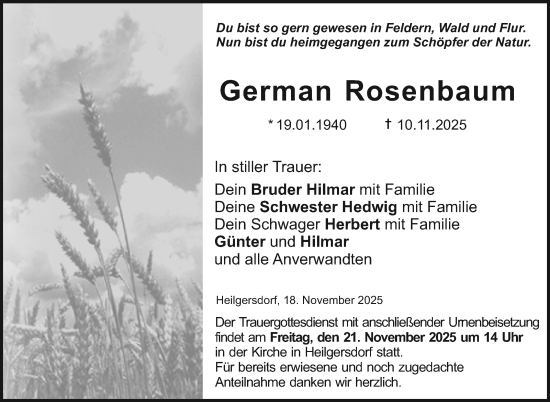 Traueranzeige von German Rosenbaum von Neue Presse Coburg