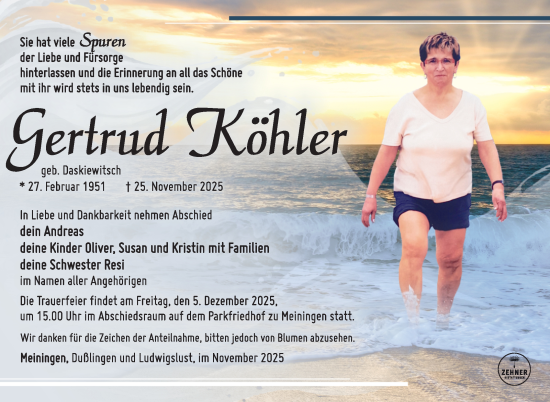Traueranzeige von Gertraud Köhler von Südthüringer Presse