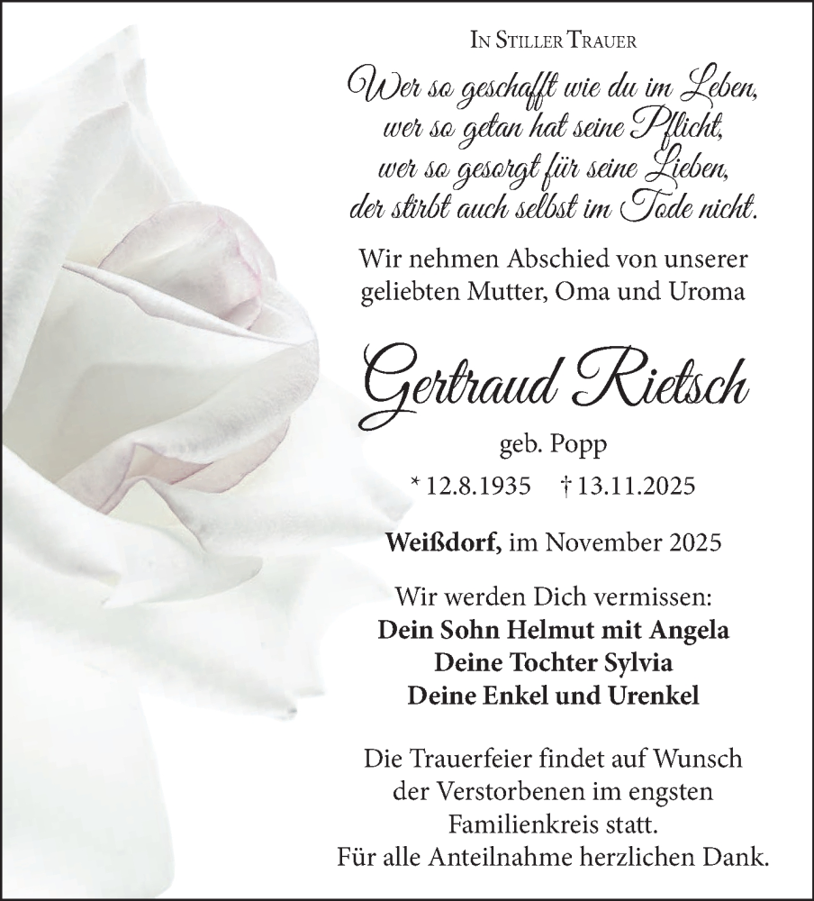  Traueranzeige für Gertraud Rietsch vom 15.11.2025 aus Frankenpost