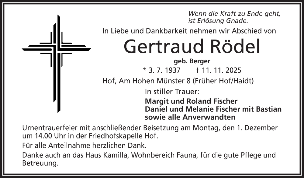  Traueranzeige für Gertraud Rödel vom 29.11.2025 aus Frankenpost