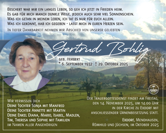 Traueranzeige von Gertrud Bohlig von Südthüringer Presse