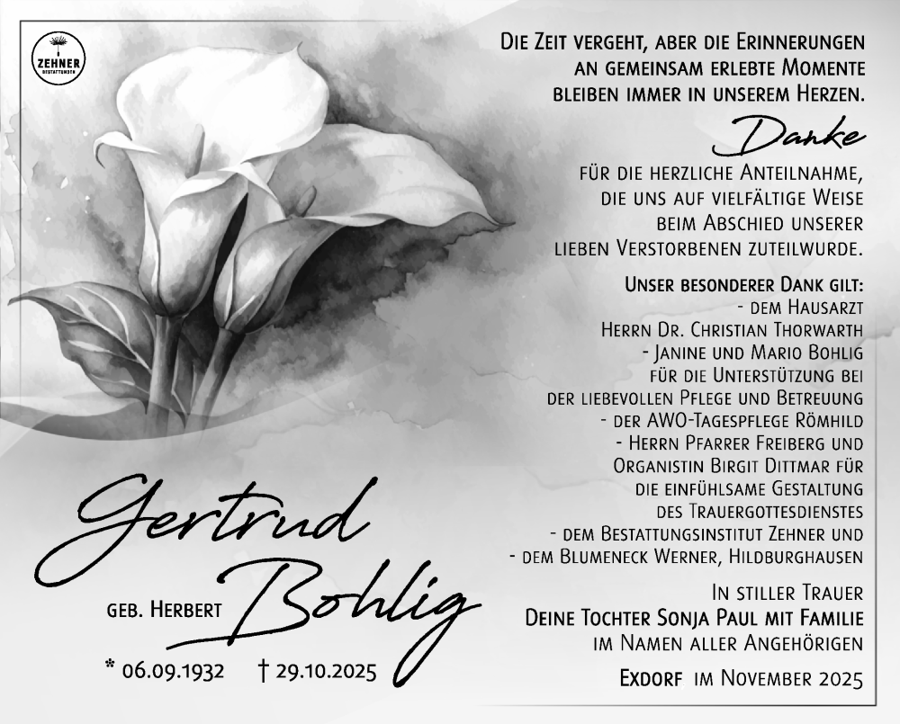  Traueranzeige für Gertrud Bohlig vom 29.11.2025 aus Südthüringer Presse