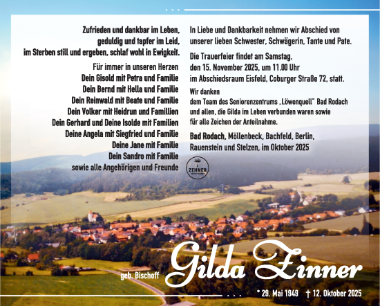 Traueranzeige von Gilda Zinner von Südthüringer Presse