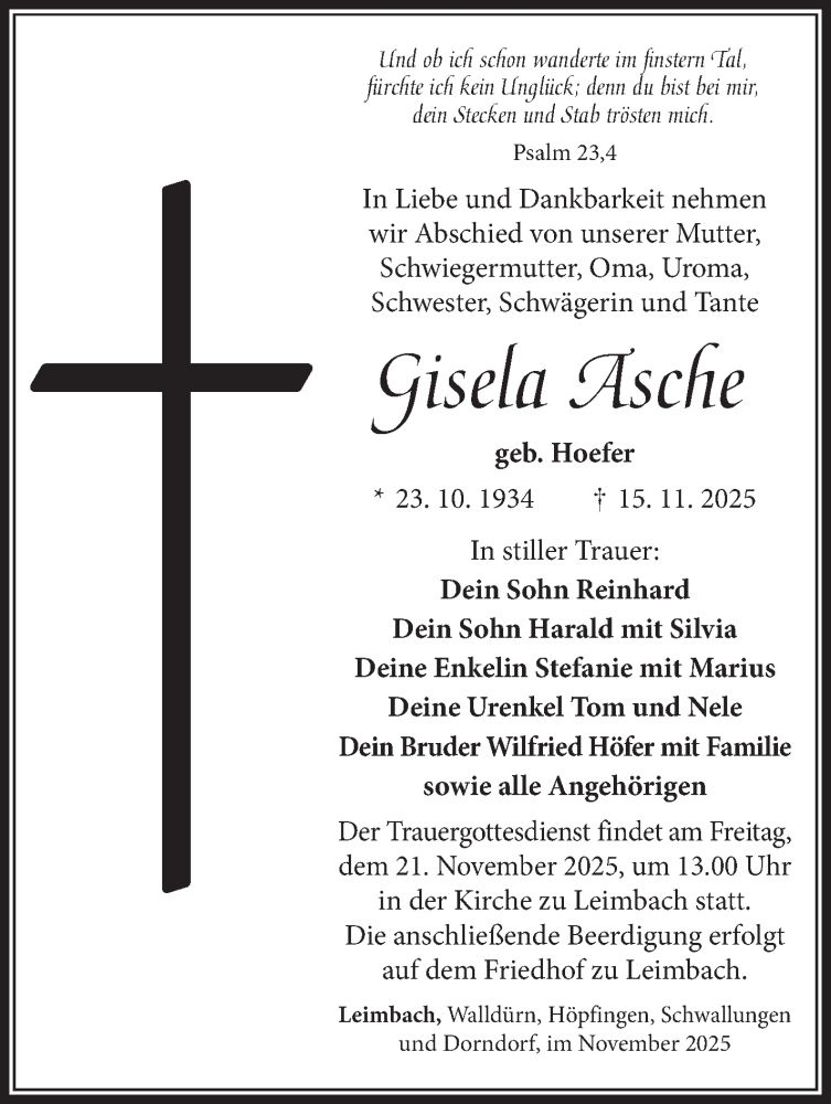  Traueranzeige für Gisela Asche vom 19.11.2025 aus Südthüringer Presse