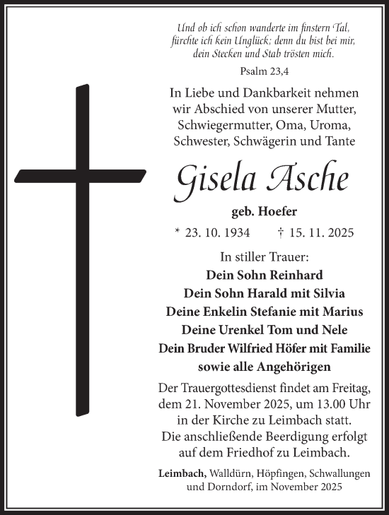 Traueranzeige von Gisela Asche von Südthüringer Presse