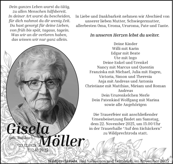 Traueranzeige von Gisela Möller von Südthüringer Presse
