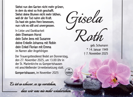 Traueranzeige von Gisela Roth von Südthüringer Presse