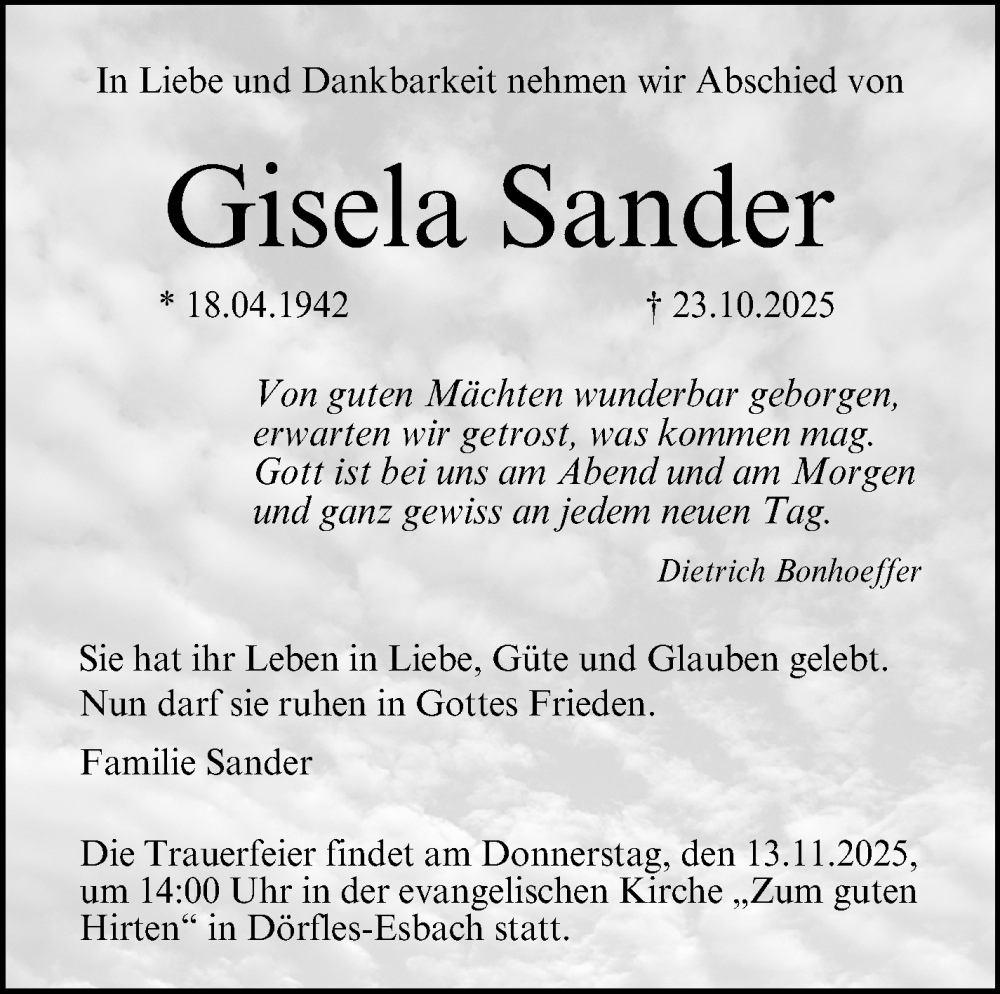  Traueranzeige für Gisela Sander vom 08.11.2025 aus Neue Presse Coburg