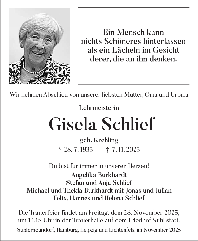  Traueranzeige für Gisela Schlief vom 22.11.2025 aus Südthüringer Presse