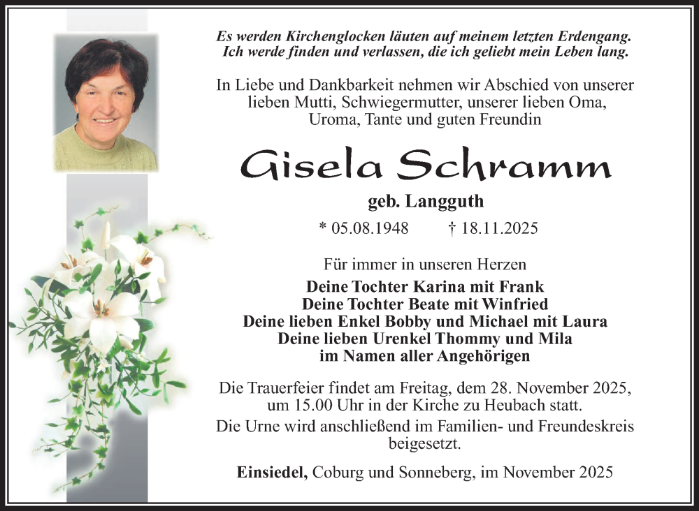  Traueranzeige für Gisela Schramm vom 22.11.2025 aus Südthüringer Presse