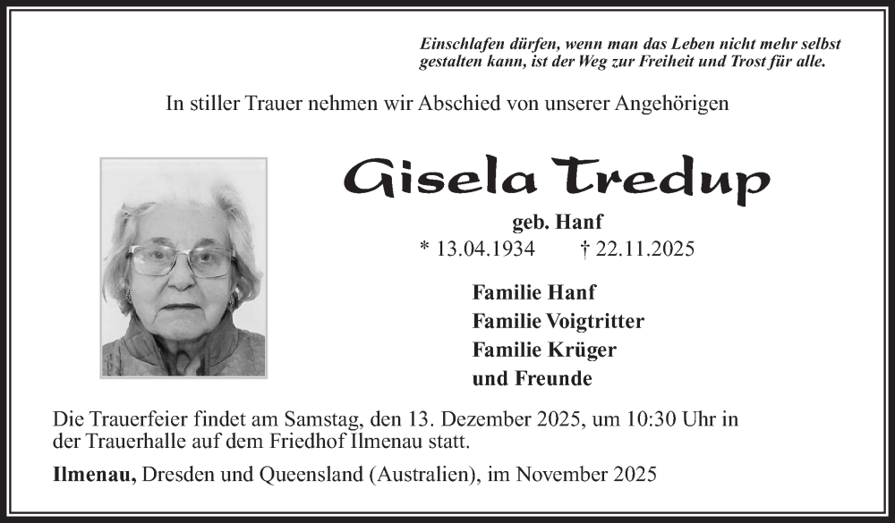  Traueranzeige für Gisela Tredup vom 29.11.2025 aus Südthüringer Presse
