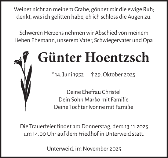 Traueranzeige von Günter Hoentzsch von Südthüringer Presse