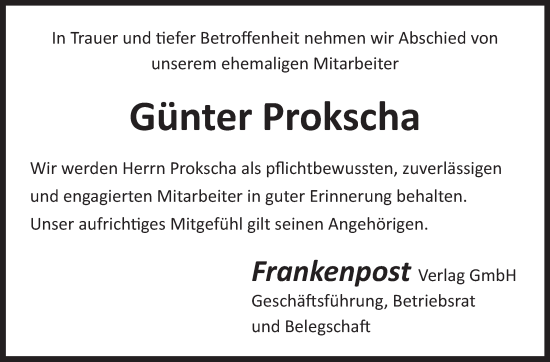 Traueranzeige von Günter Prokscha von Frankenpost