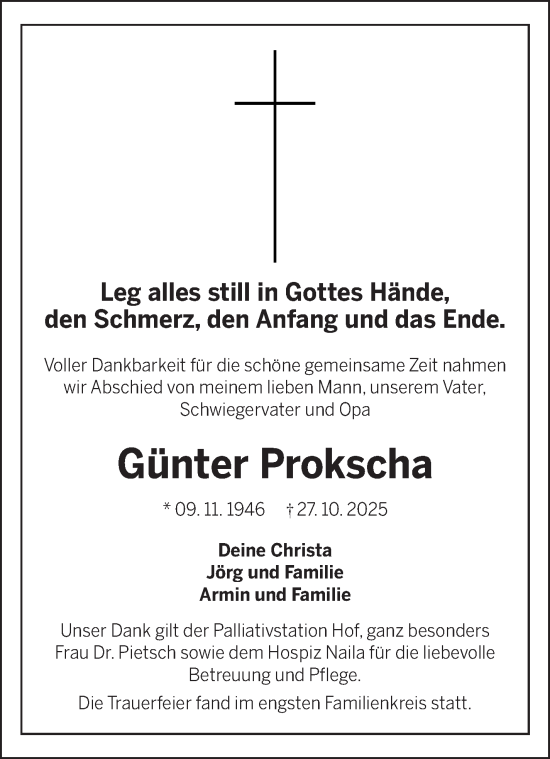 Traueranzeige von Günter Prokscha von Frankenpost