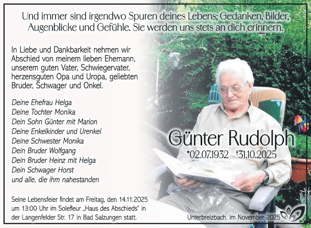  Traueranzeige für Günter Rudolph vom 08.11.2025 aus Südthüringer Presse