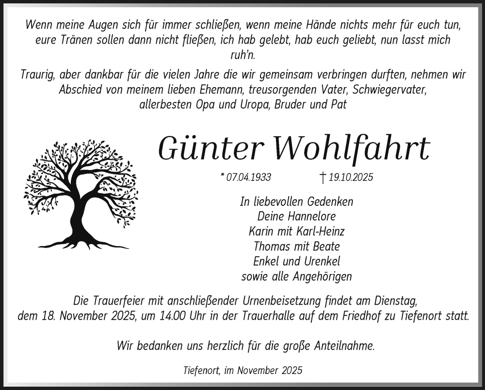  Traueranzeige für Günter Wohlfahrt vom 08.11.2025 aus Südthüringer Presse