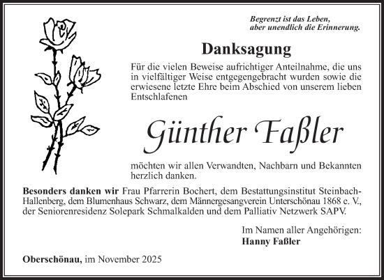 Traueranzeige von Günther Faßler von Südthüringer Presse