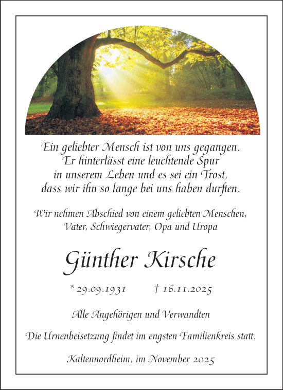 Traueranzeige von Günther Kirsche von Südthüringer Presse