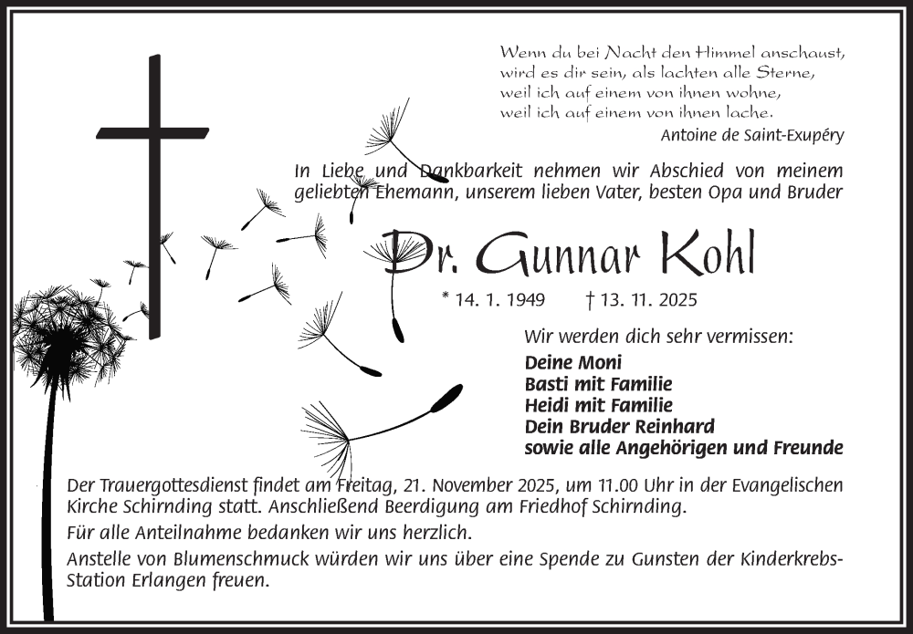  Traueranzeige für Gunnar Kohl vom 18.11.2025 aus Frankenpost