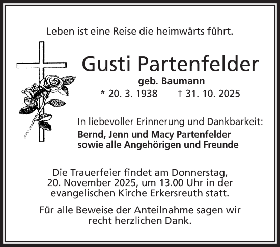 Traueranzeige von Gusti Partenfelder von Frankenpost