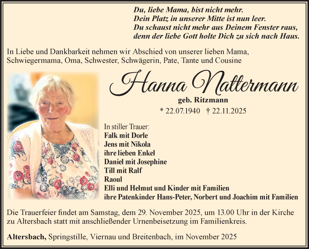  Traueranzeige für Hanna Nattermann vom 26.11.2025 aus Südthüringer Presse