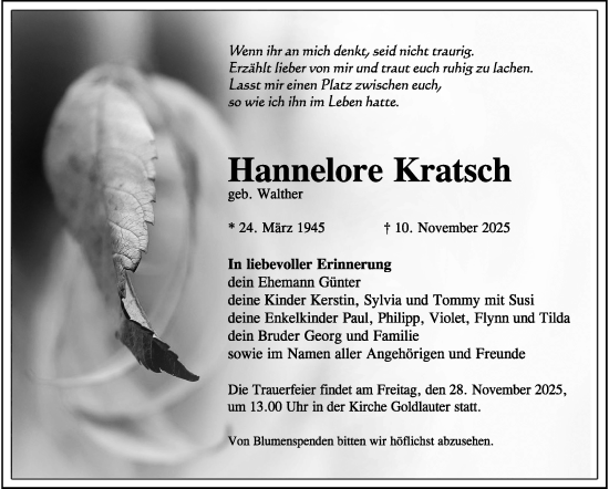 Traueranzeige von Hannelore Kratsch von Südthüringer Presse