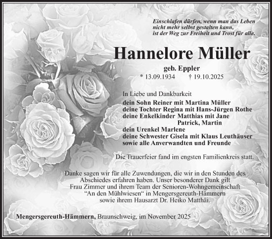 Traueranzeige von Hannelore Müller von Südthüringer Presse