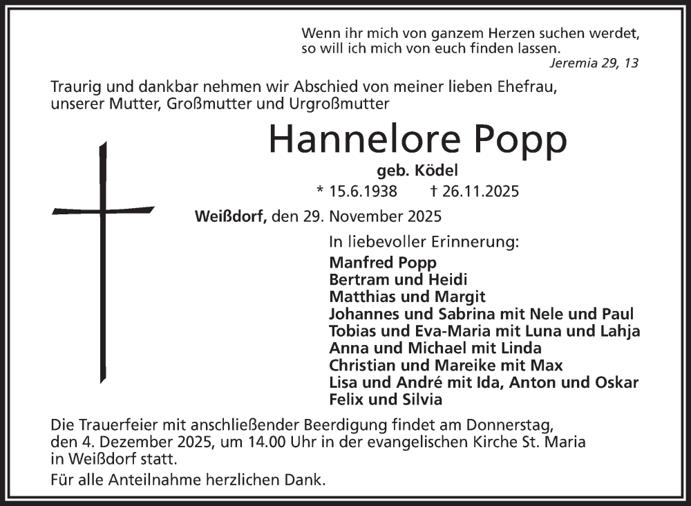  Traueranzeige für Hannelore Popp vom 29.11.2025 aus Frankenpost